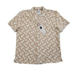 Ike Behar Crepe Shirt Men's XL Ecru and Blue Mod Short Sleeve Button Up NWT
